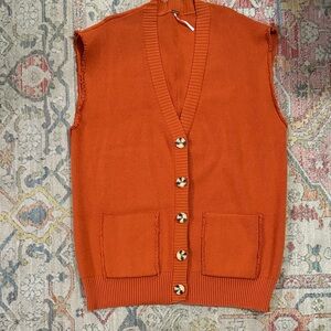 Free People Orange Button-Up Sweater Vest, Women’s Large, Gorgeous!!